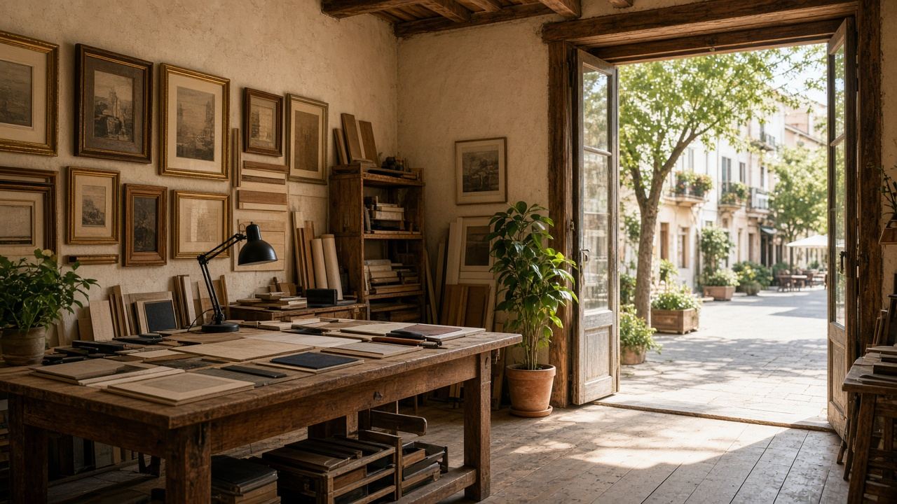 Framing shop workspace at Swift Pulse Atelier
